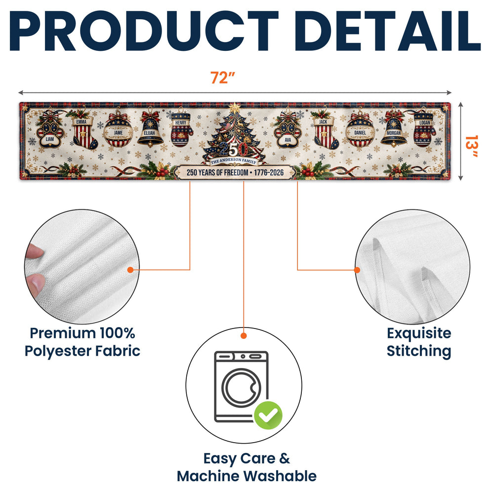 Personalized 250 Years of Freedom Table Runner, Custom Family Name Patriotic Christmas Dining Decor