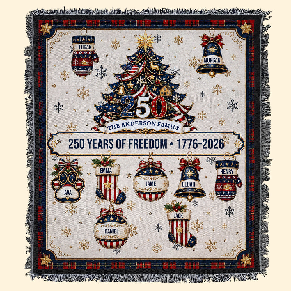 Personalized 250 Years of Freedom Christmas Blanket, Custom Family Name Woven Throw
