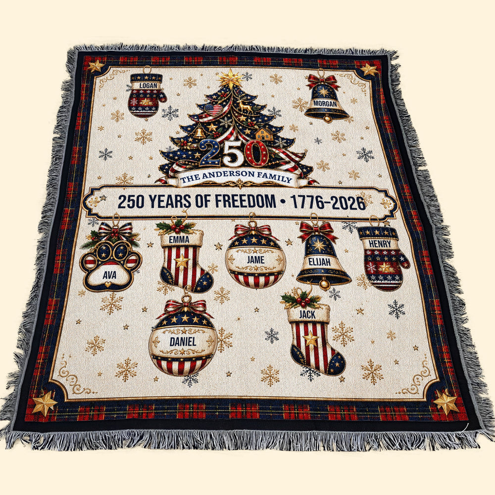 Personalized 250 Years of Freedom Christmas Blanket, Custom Family Name Woven Throw