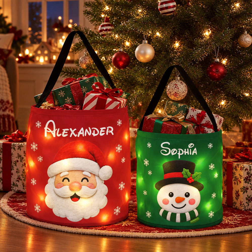 Personalized Christmas LED Light-Up Gift Bag, Custom Santa Sack with Name, Holiday Goodie Basket for Kids