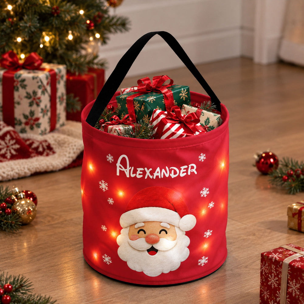 Personalized Christmas LED Light-Up Gift Bag, Custom Santa Sack with Name, Holiday Goodie Basket for Kids