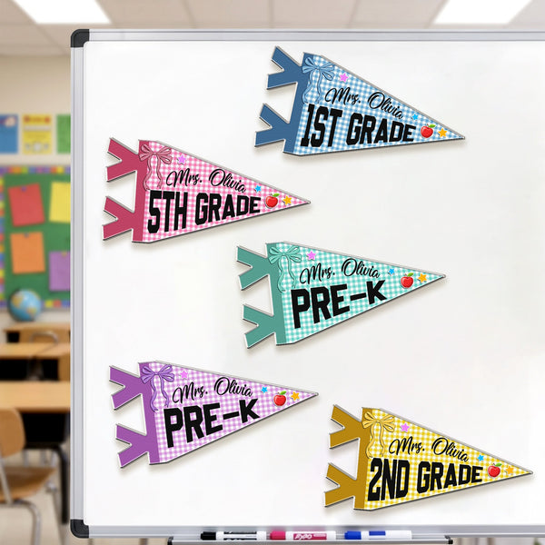 Personalized Colorful Teacher Grade & Name Pennant – Custom Acrylic Magnet Gift