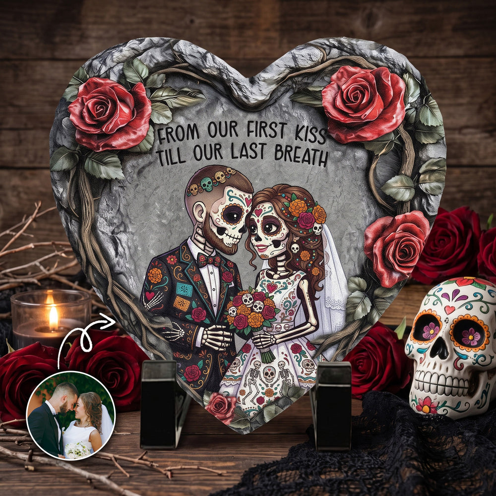 Personalized Day Of The Dead Couple Portrait Slate Garden Stone – Custom Hasta La Muerte Gift