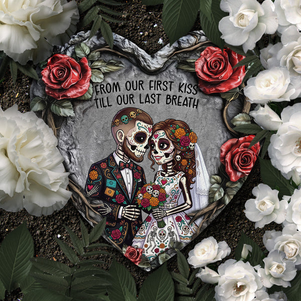 Personalized Day Of The Dead Couple Portrait Slate Garden Stone – Custom Hasta La Muerte Gift