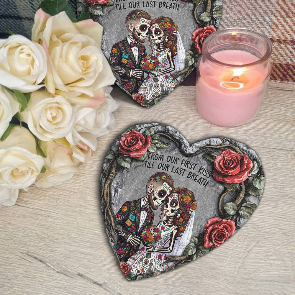 Personalized Day Of The Dead Couple Portrait Slate Garden Stone – Custom Hasta La Muerte Gift