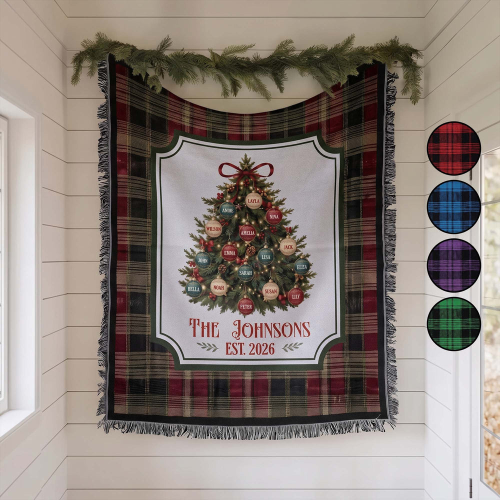 Personalized Christmas Tree Woven Blanket - Custom Family Name Throw