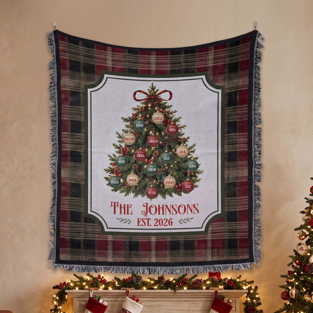 Personalized Christmas Tree Woven Blanket - Custom Family Name Throw