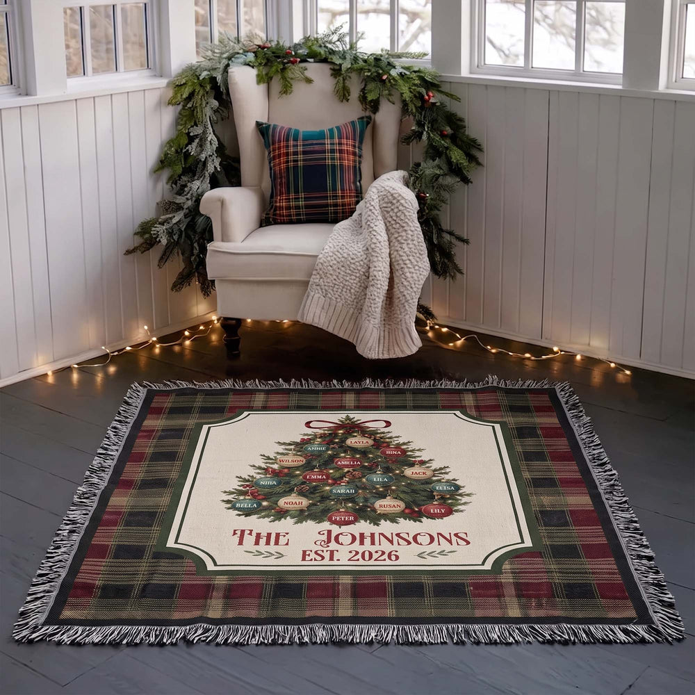 Personalized Christmas Tree Woven Blanket - Custom Family Name Throw
