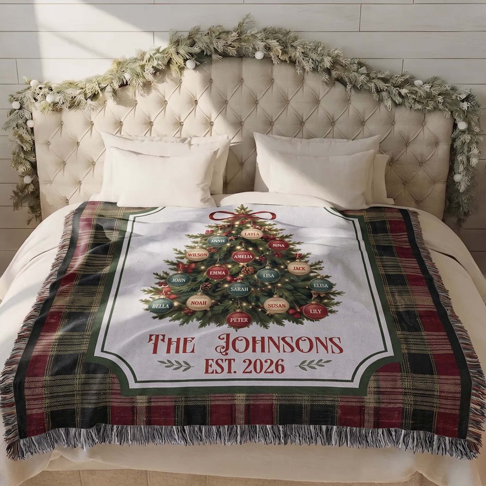 Personalized Christmas Tree Woven Blanket - Custom Family Name Throw