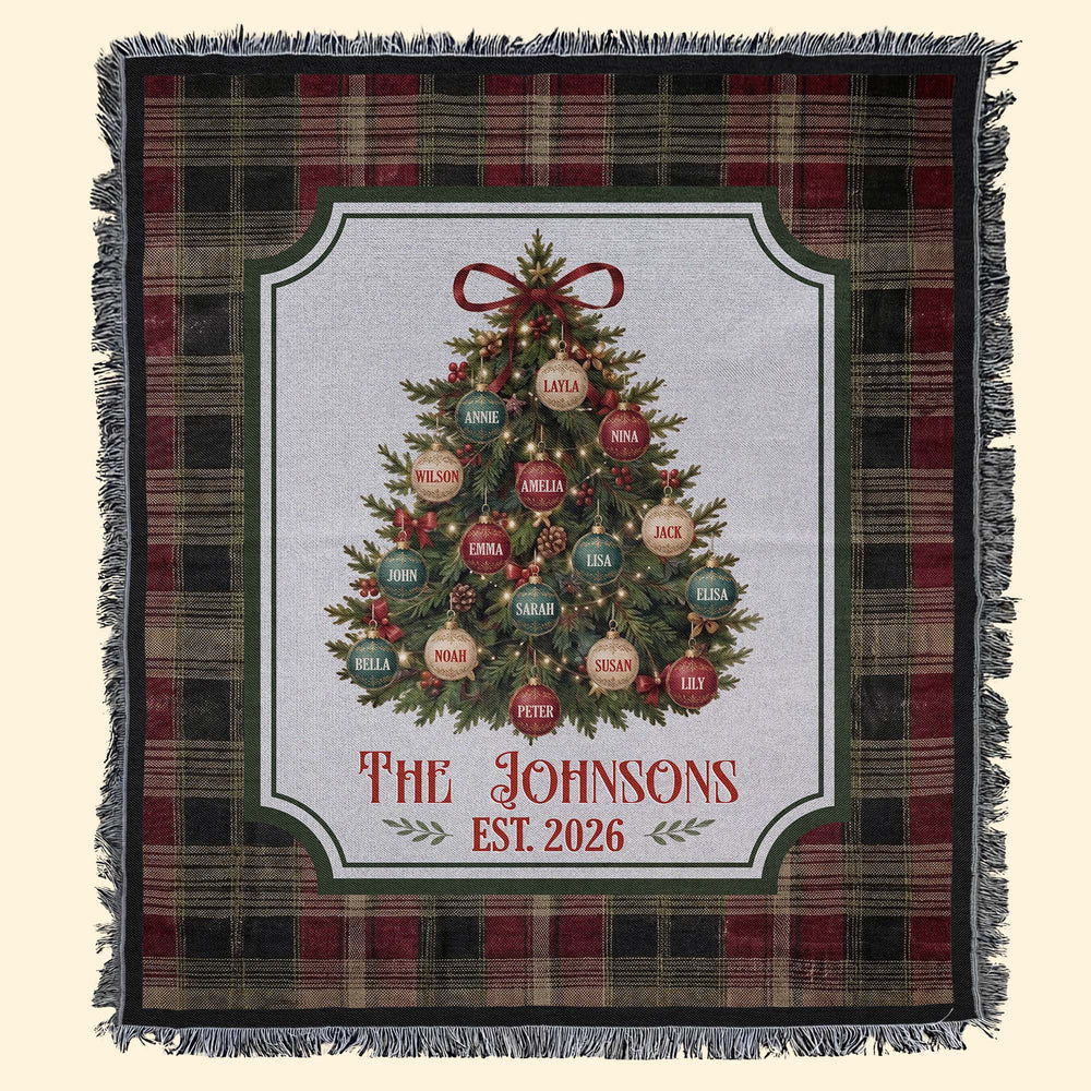 Personalized Christmas Tree Woven Blanket - Custom Family Name Throw