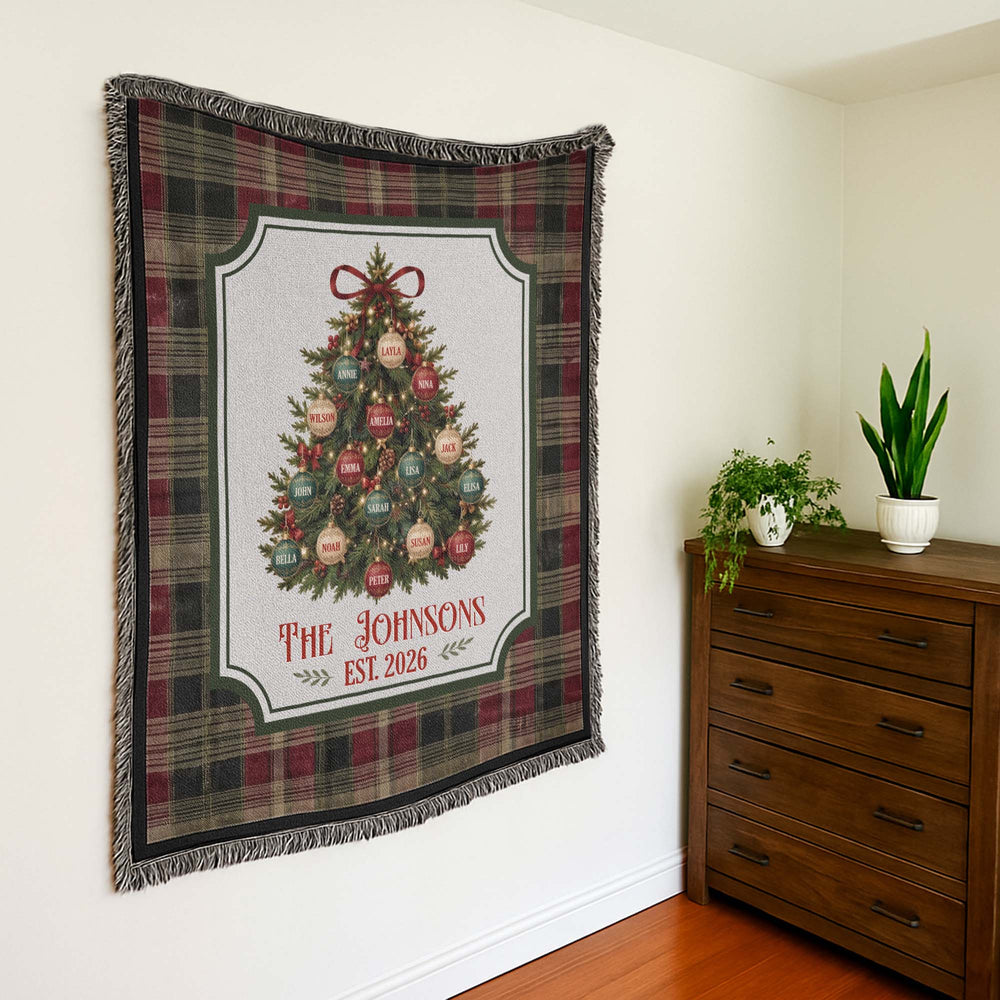 Personalized Christmas Tree Woven Blanket - Custom Family Name Throw