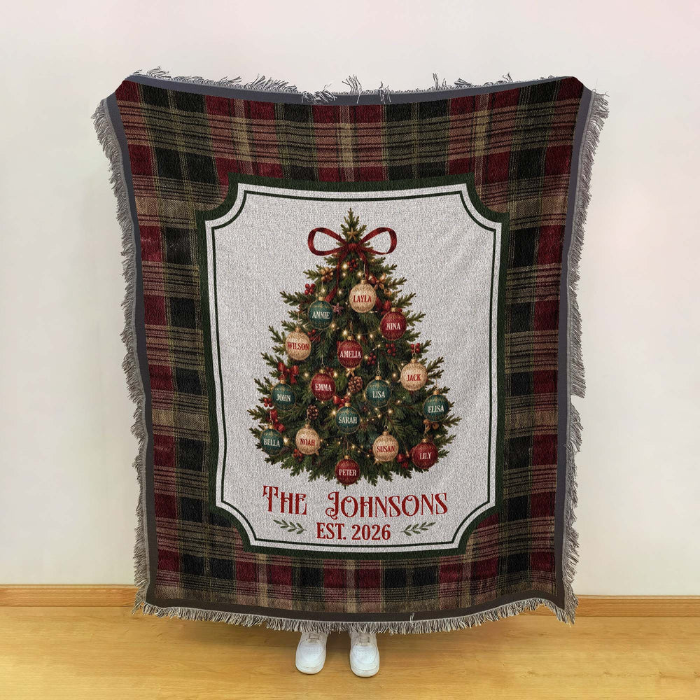 Personalized Christmas Tree Woven Blanket - Custom Family Name Throw