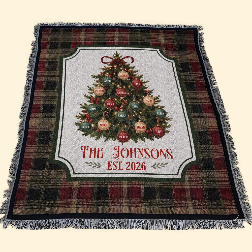 Personalized Christmas Tree Woven Blanket - Custom Family Name Throw