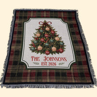Personalized Christmas Tree Woven Blanket - Custom Family Name Throw