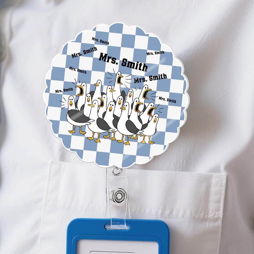 Personalized Funny Seagulls Acrylic Badge Reel – Custom Teacher Name Retractable ID Card Holder Gift
