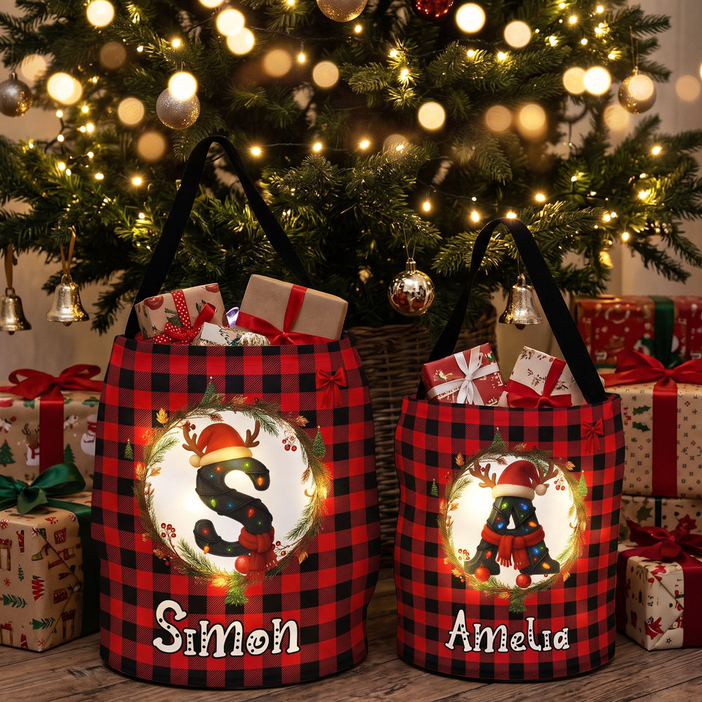 Personalized Initial Christmas Gift Bag with LED Light, Custom Name Holiday Sack