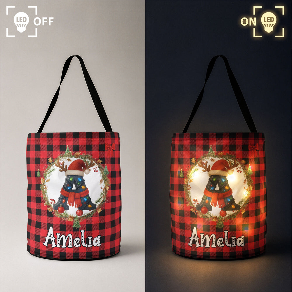 Personalized Initial Christmas Gift Bag with LED Light, Custom Name Holiday Sack