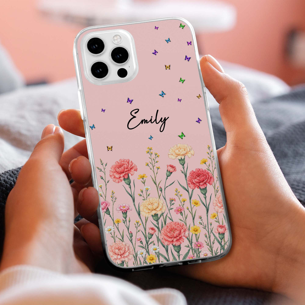 Personalized Birth Flower Phone Case - Custom Name Clear Case Gift for Her