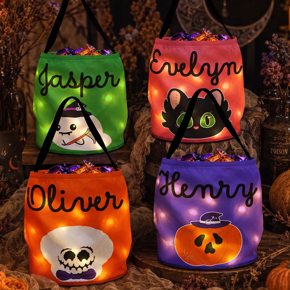 Personalized Light-Up Halloween Candy Basket, Custom Name LED Trick or Treat Tote for Kids