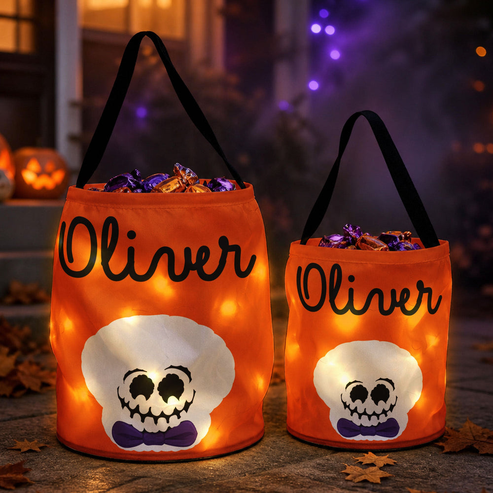 Personalized Light-Up Halloween Candy Basket, Custom Name LED Trick or Treat Tote for Kids