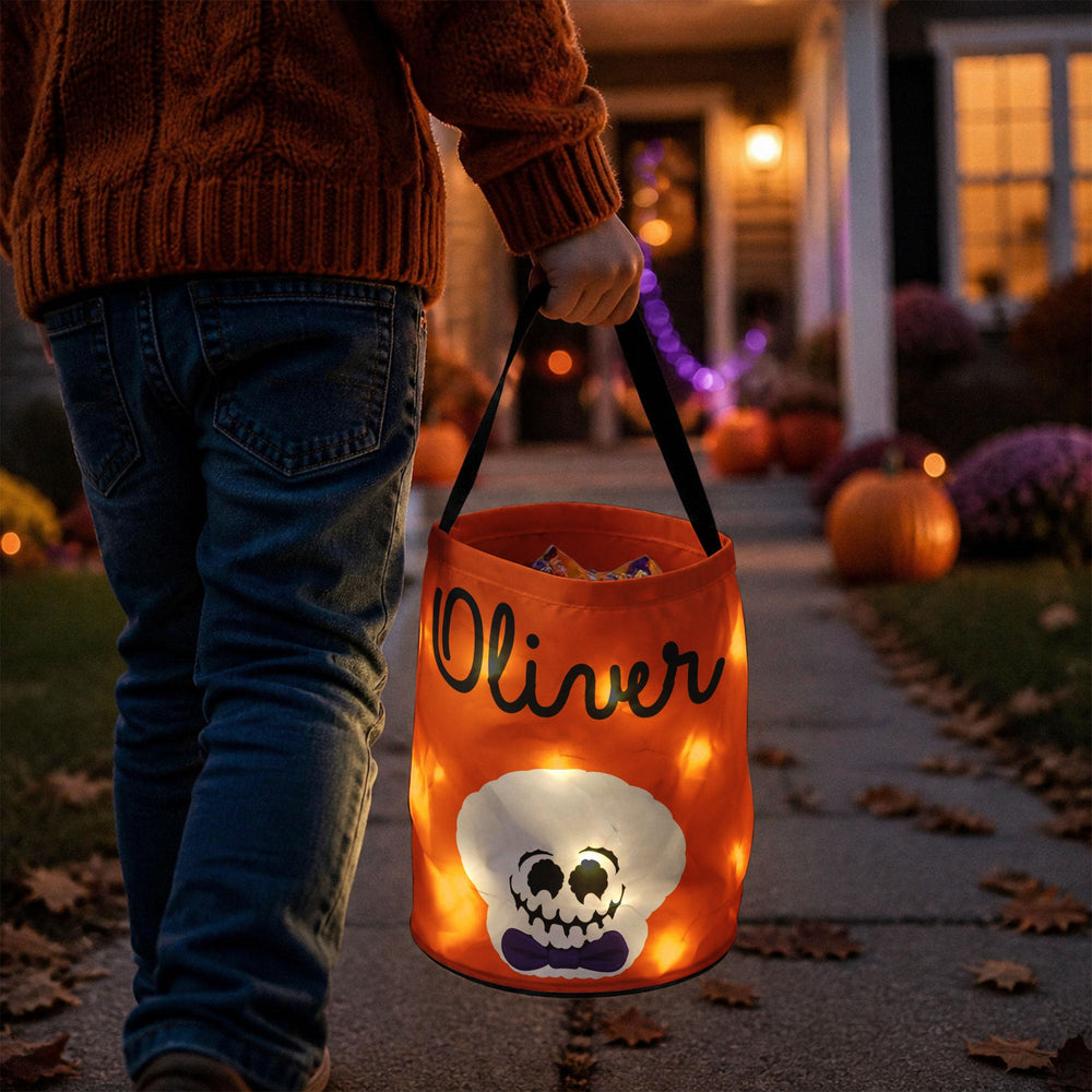 Personalized Light-Up Halloween Candy Basket, Custom Name LED Trick or Treat Tote for Kids
