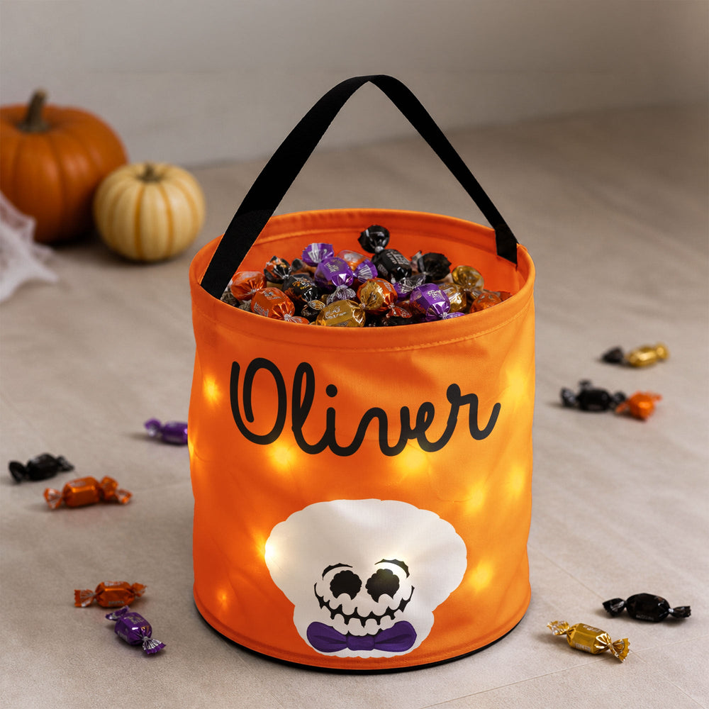 Personalized Light-Up Halloween Candy Basket, Custom Name LED Trick or Treat Tote for Kids