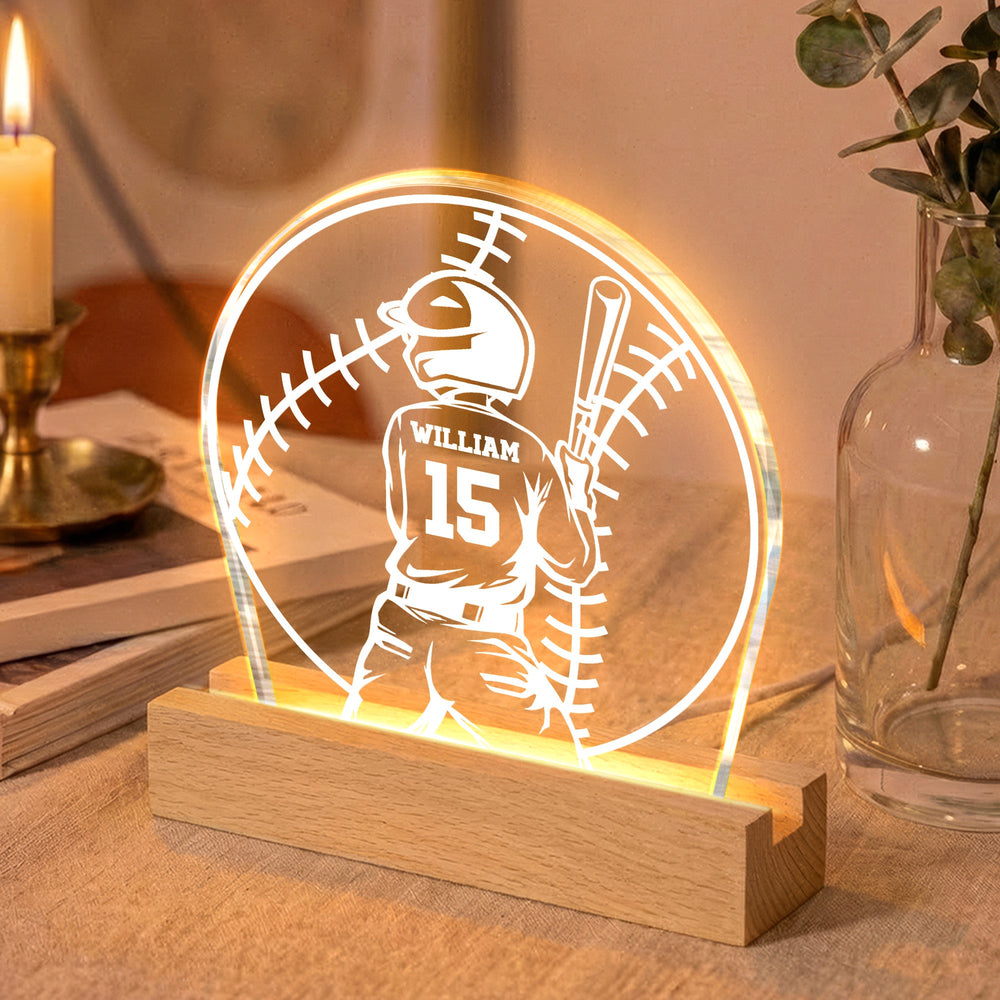 Personalized Baseball Player Name & Number Acrylic LED Night Light