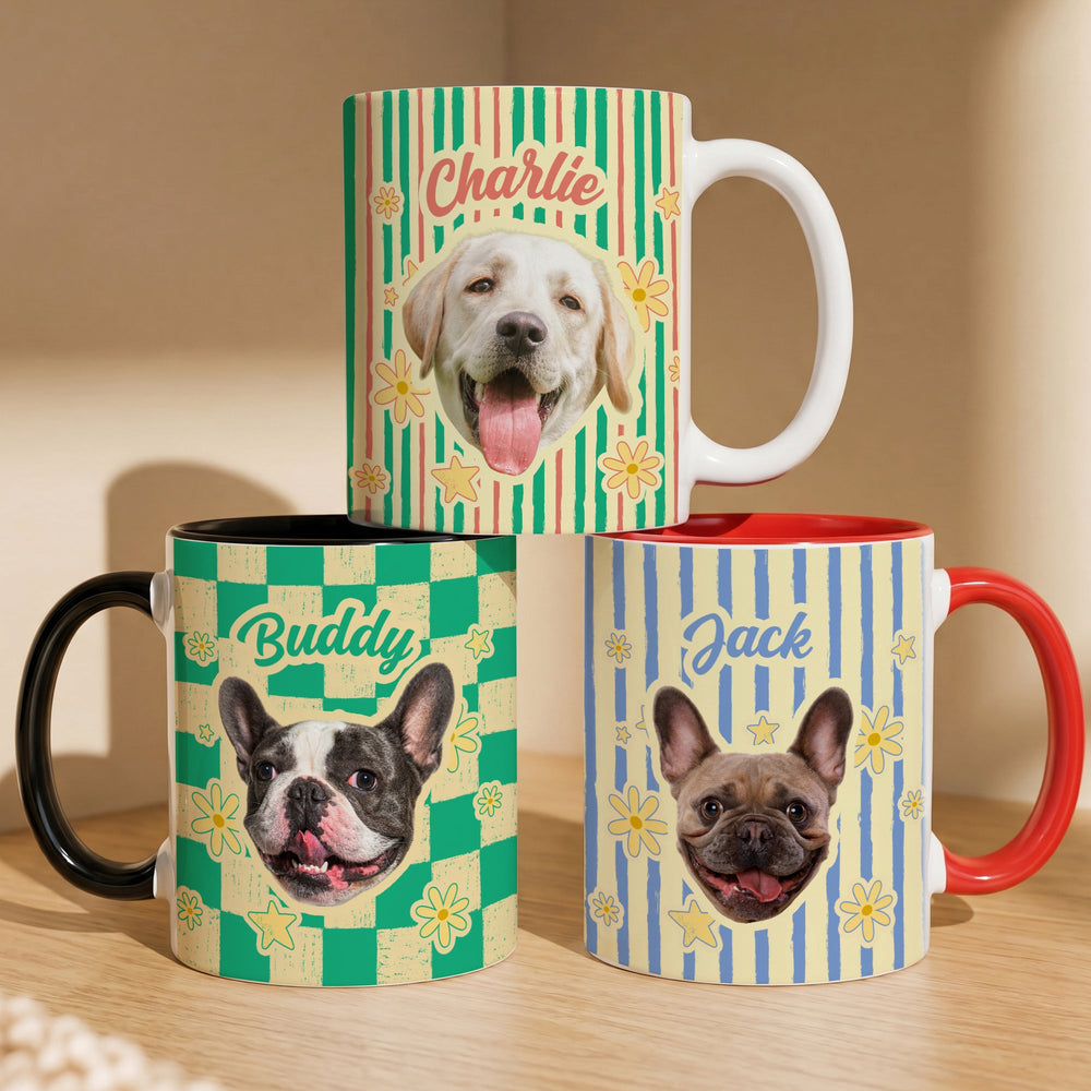 Personalized Pet Photo Vintage Striped Mug - Custom Dog & Cat Mom Gift for Her