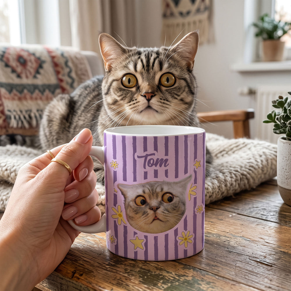 Personalized Pet Photo Vintage Striped Mug - Custom Dog & Cat Mom Gift for Her