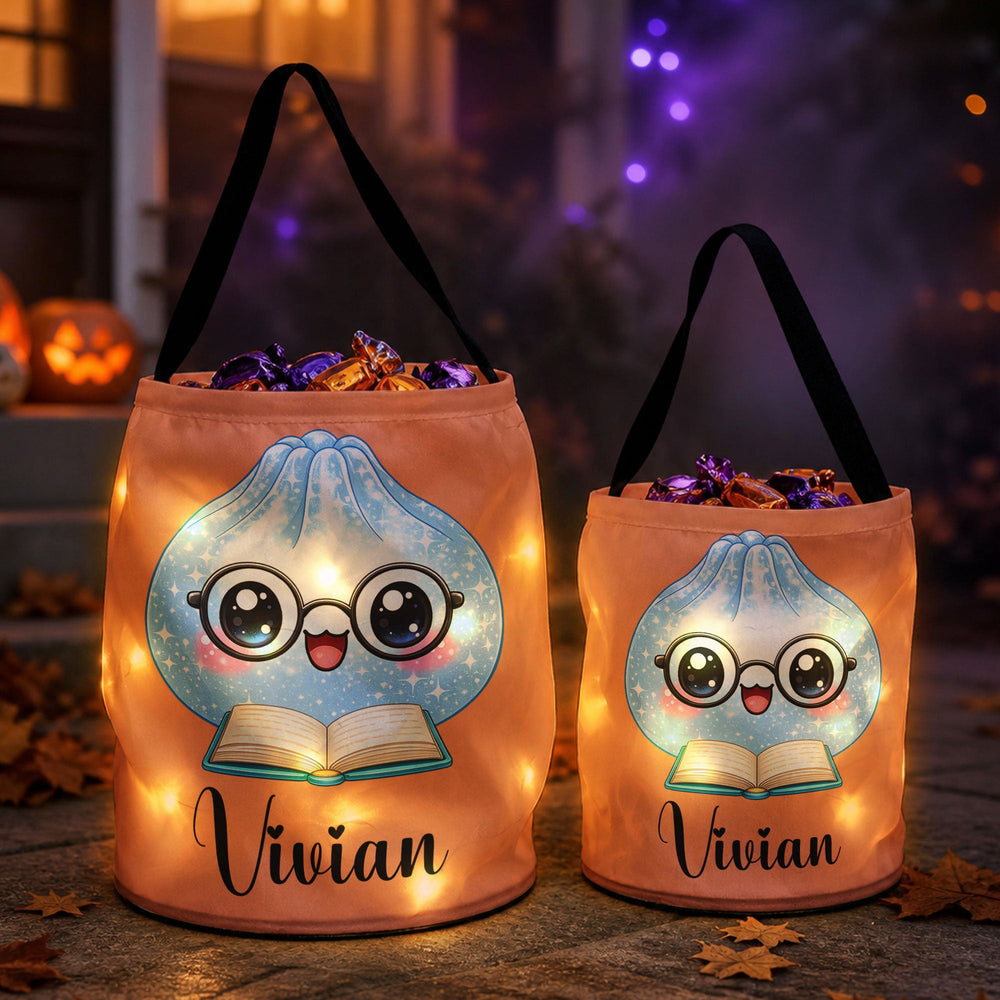 Personalized LED Halloween Trick or Treat Bag, Custom Cute Dumplings Candy Basket for Kids