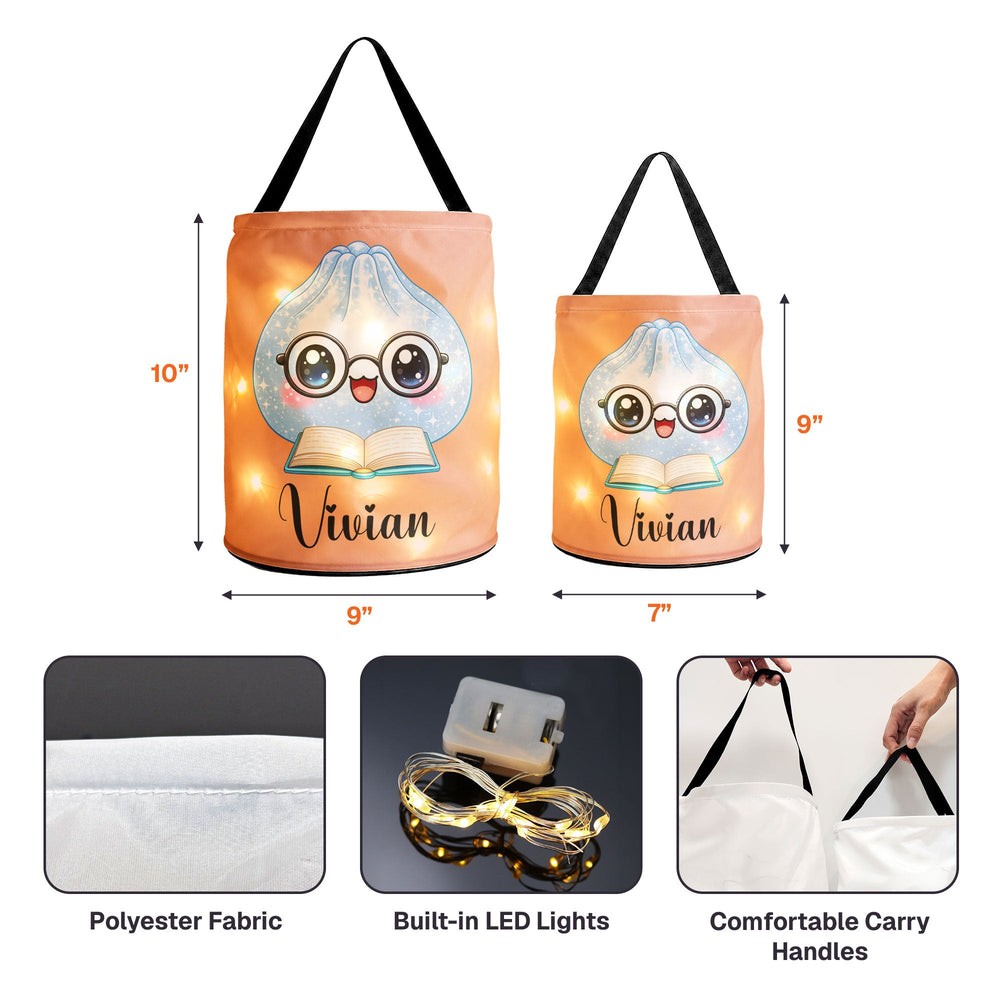 Personalized LED Halloween Trick or Treat Bag, Custom Cute Dumplings Candy Basket for Kids