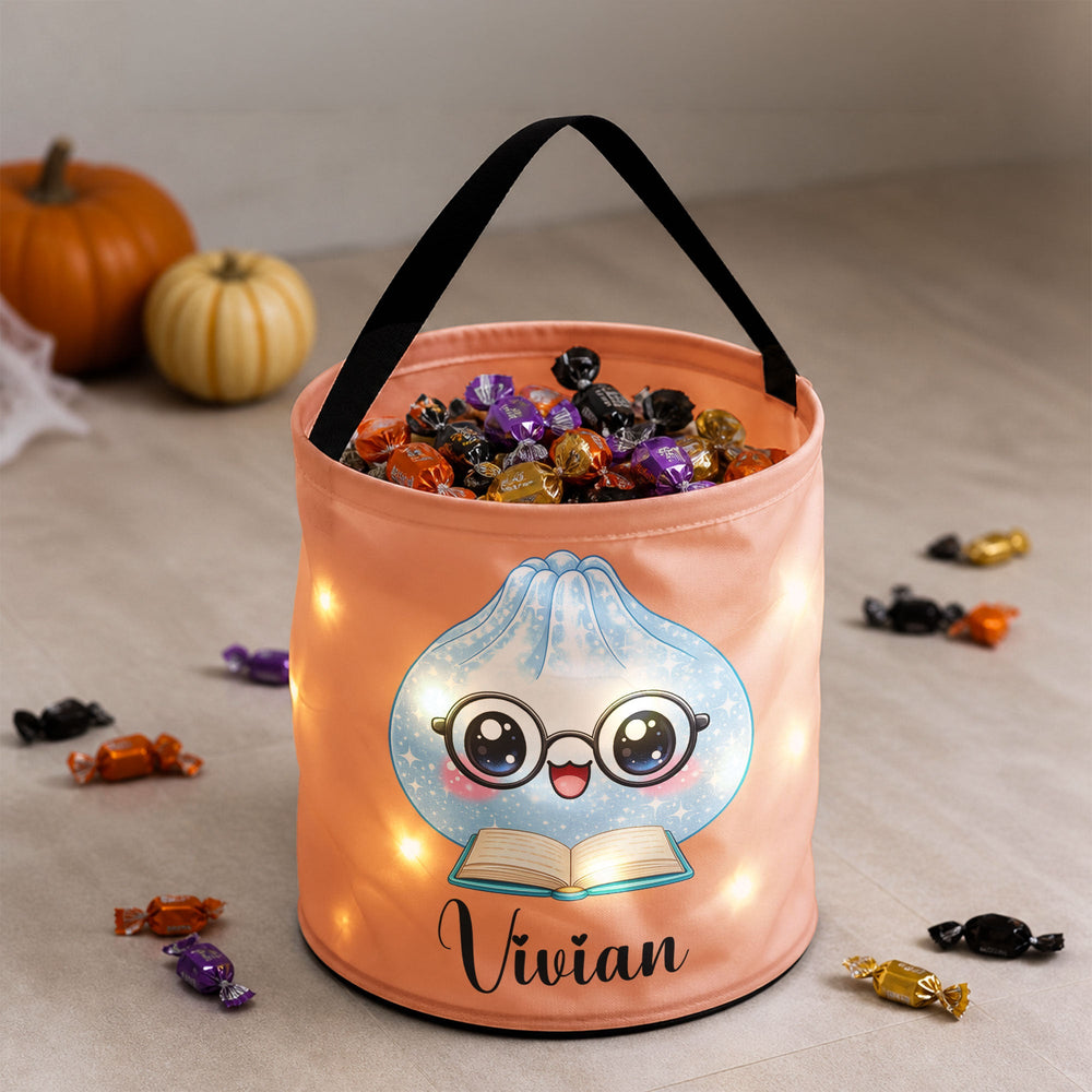 Personalized LED Halloween Trick or Treat Bag, Custom Cute Dumplings Candy Basket for Kids