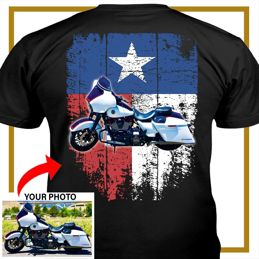 Personalized Motorcycle T-Shirt – Custom Bike Shirt with Texas Flag – Cool Gift for Bikers & Motorcycle Lovers - PSMN2DTS000009