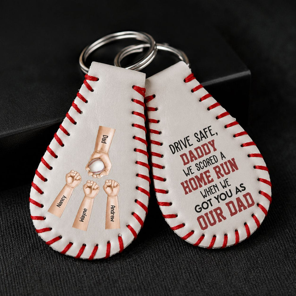 We Scored A Home Run When We Got You As Our Dad - Personalized Leather Baseball Keychain