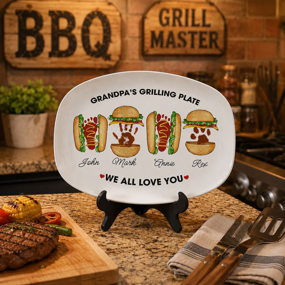 Grandpa's Grilling Plate, Custom Burger Hot Dog Handprint Footprint | Platter BBQ Grandpa Gift