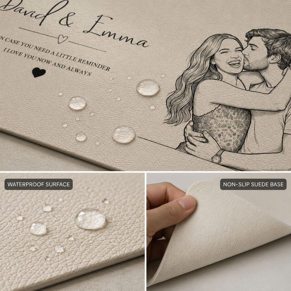 I Love You Now And Always Couple Photo Sketch Line Art - Personalized Desk Mat | Romantic Couple Gift