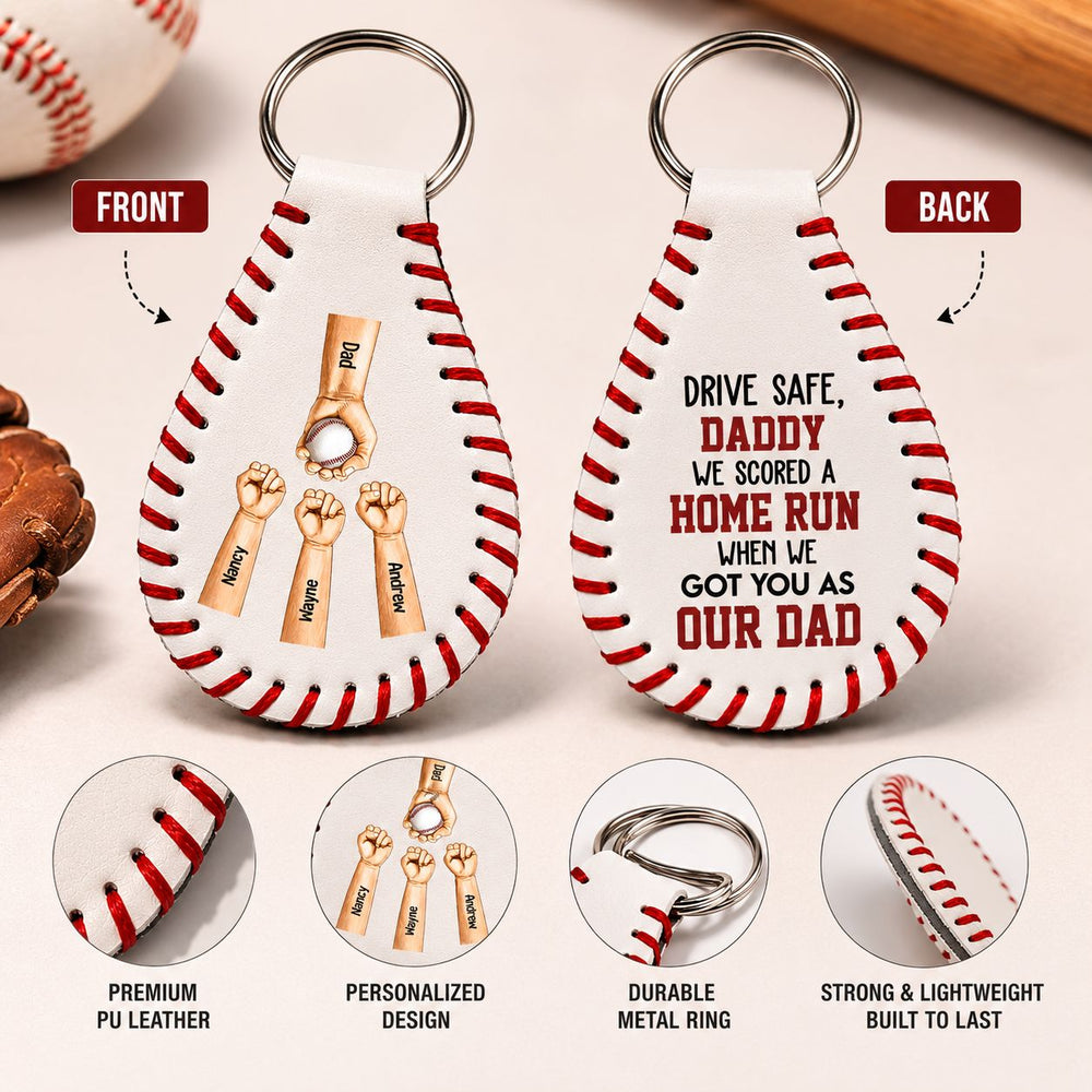 We Scored A Home Run When We Got You As Our Dad - Personalized Leather Baseball Keychain