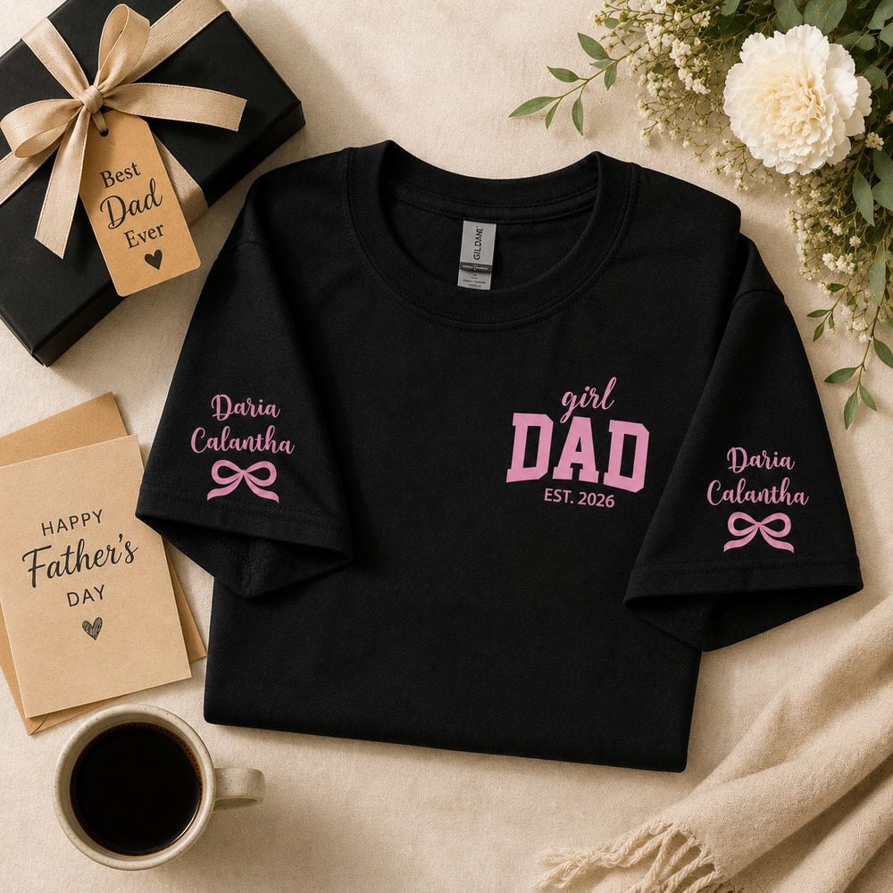 Girl Dad With Kids' Names On Sleeves - Pink Dad | Cute Shirt For Girl Dad 2