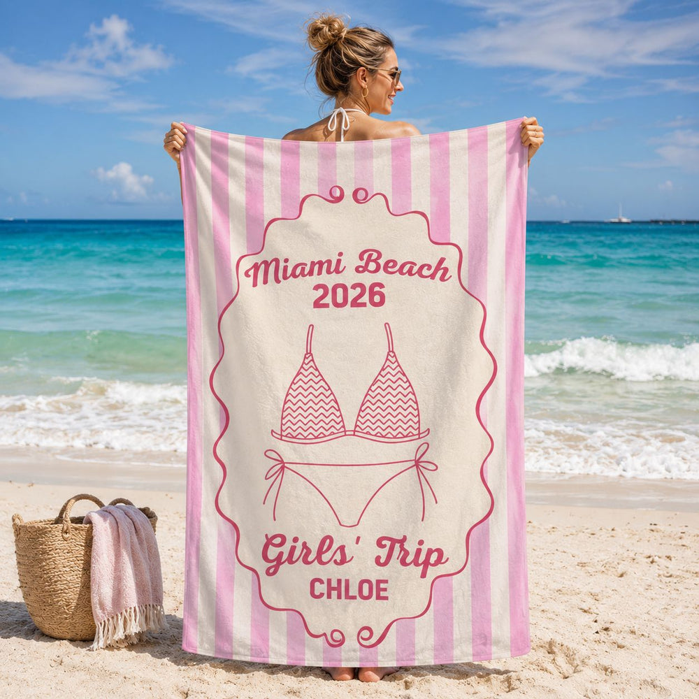 Girl Trip Bikini Gift For Her, Friends, Sisters - Personalized Beach Towel | Fun Summer Vacation Gift For Besties
