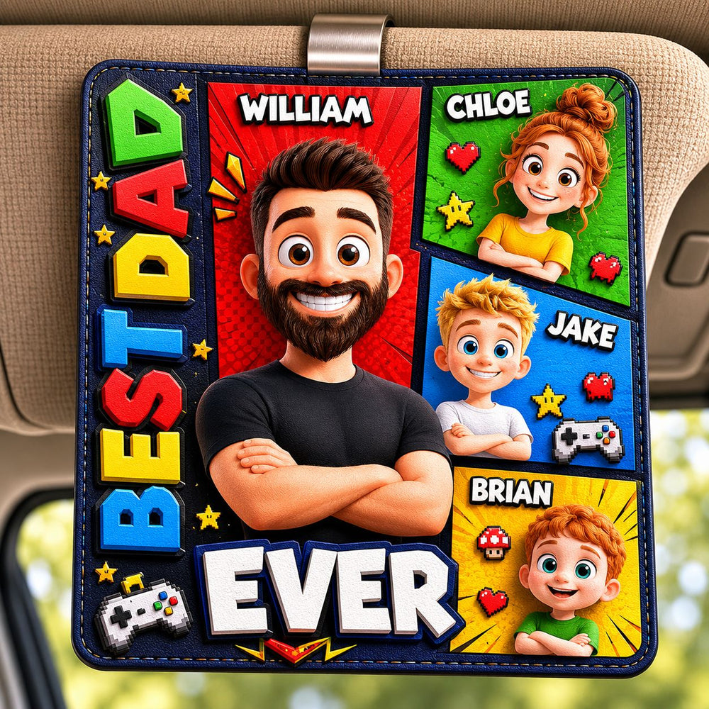 Best Dad Ever Arcade Theme - Personalized Car Visor Clip | Retro Gamer Dad Gift