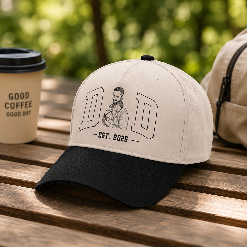Dad Est Custom Photo Sketch Line Art Father's Day Gift For New Dad, Husband - Personalized Cap | Meaningful Gift From Wife & Kids