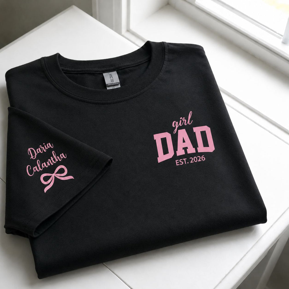 Girl Dad With Kids' Names On Sleeves - Pink Dad | Cute Shirt For Girl Dad 2