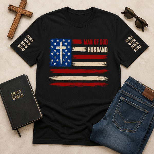 Man Of God, Husband, Dad, Papa Kids' Names Sleeve 2 - Personalized Shirt