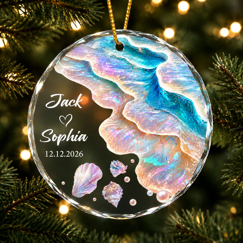 Personalized Ocean Glass Ornament - Custom First Christmas Married Gift for Couples