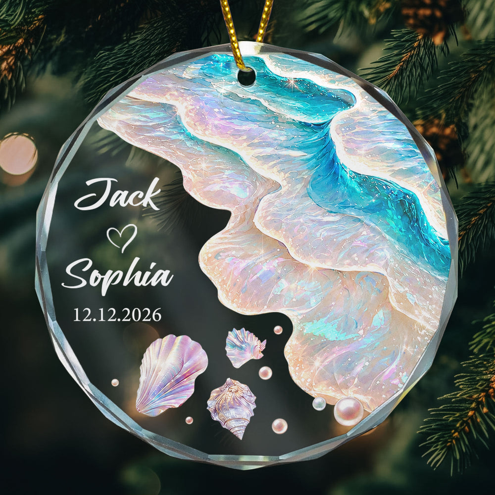 Personalized Ocean Glass Ornament - Custom First Christmas Married Gift for Couples