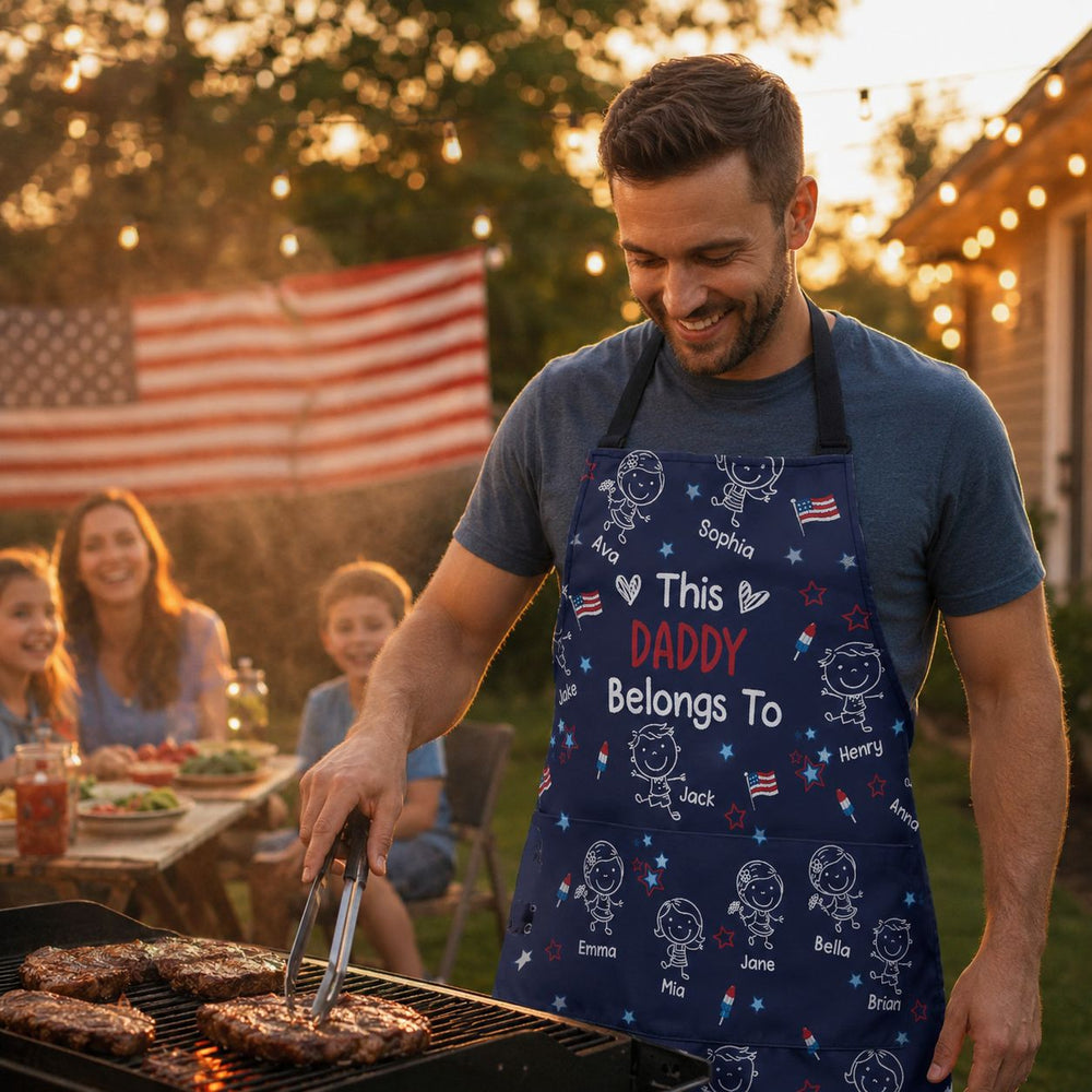 This Daddy Belongs To Independence Doodle Style - Personalized Apron | Fun BBQ Dad Gift