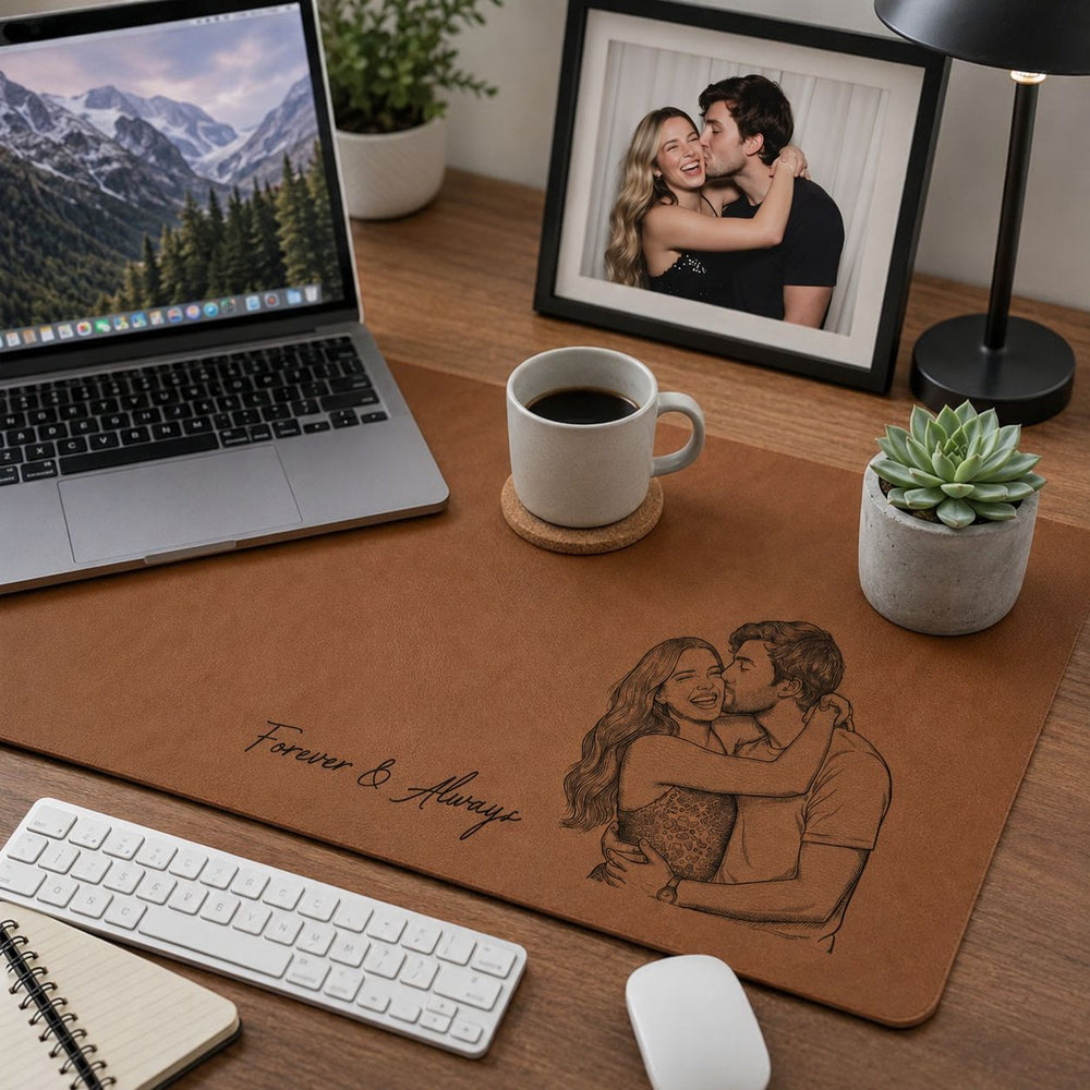 Forever Love Couple Photo Sketch Line Art - Personalized Desk Mat