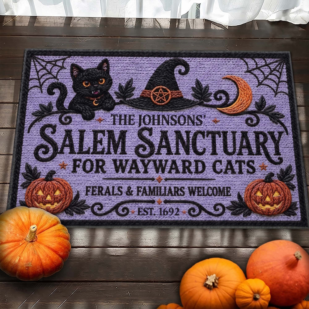 Personalized Salem Sanctuary For Wayward Cats Doormat - Custom Halloween Black Cat Welcome Mat
