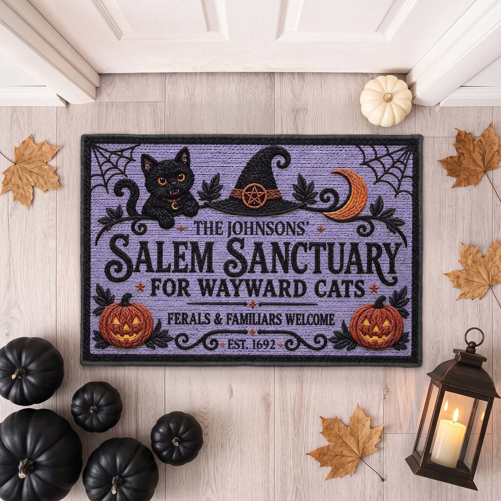 Personalized Salem Sanctuary For Wayward Cats Doormat - Custom Halloween Black Cat Welcome Mat