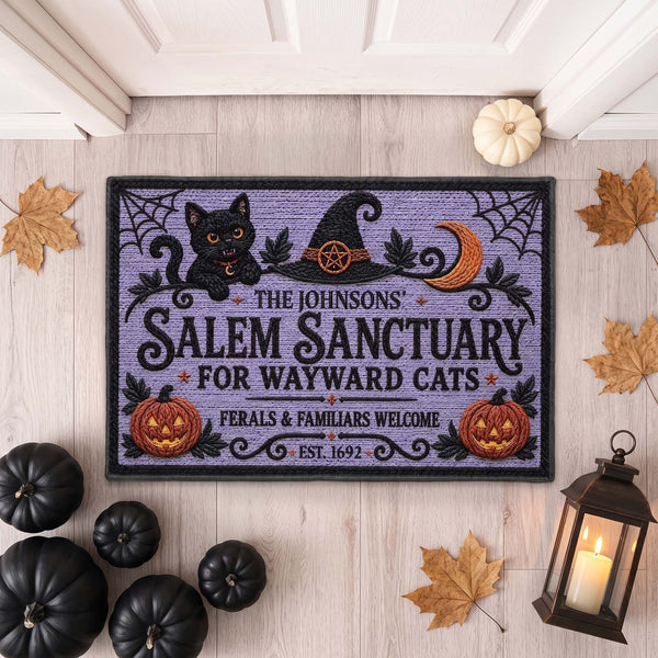 Personalized Salem Sanctuary For Wayward Cats Doormat - Custom Halloween Black Cat Welcome Mat